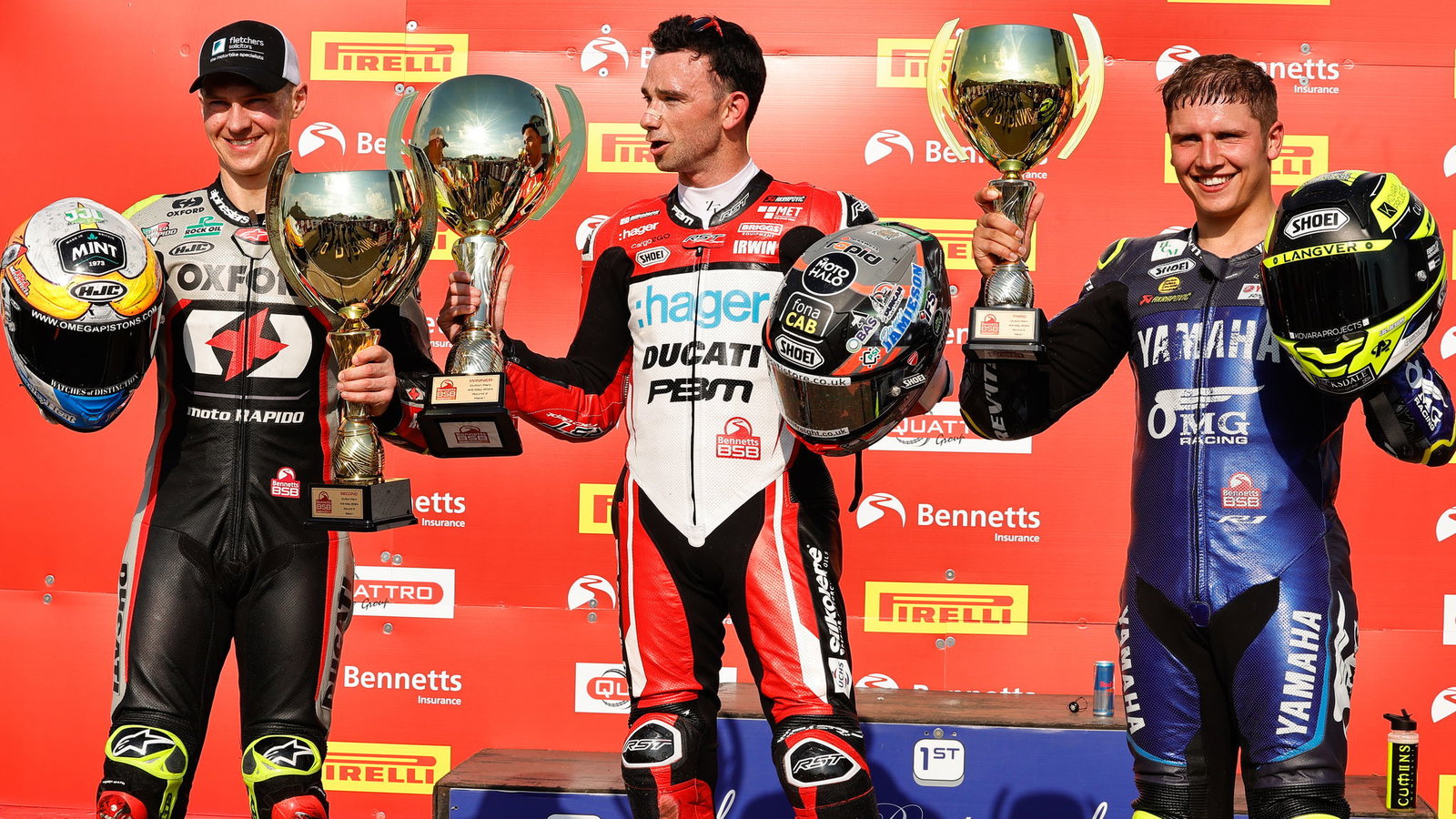 Glenn Irwin BSB, 2024, Oulton Park, Race 1, podium with Christian Iddon and Kyle Ryde